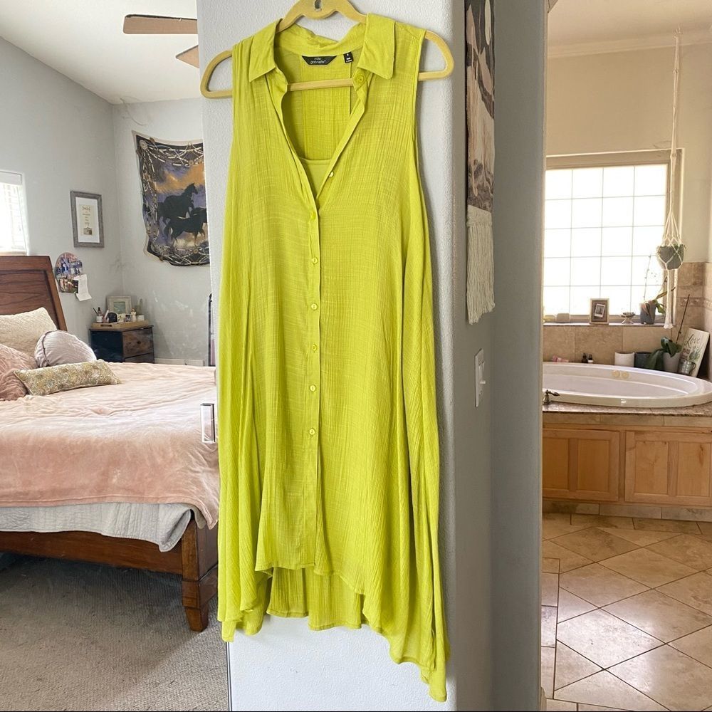 Mlle Gabrielle Bright Green Dual 2 Layer Dress w/ Matching Slip & Button Front